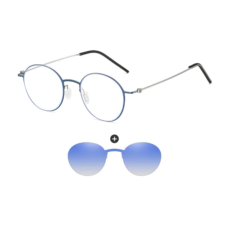 Retro Round Stainless Steel Glasses Frame with Polarized Clip-Ons