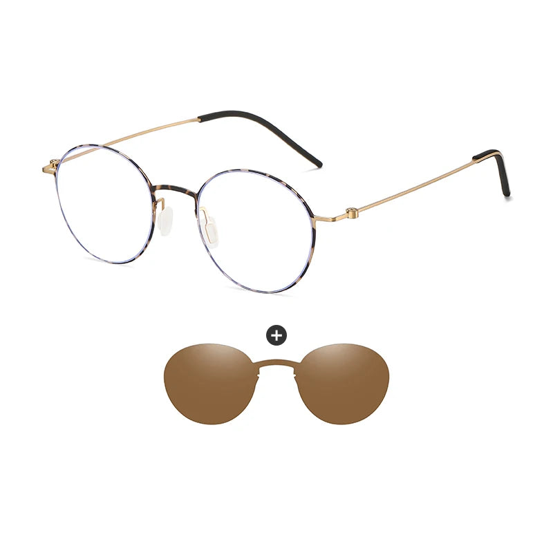Retro Round Stainless Steel Glasses Frame with Polarized Clip-Ons
