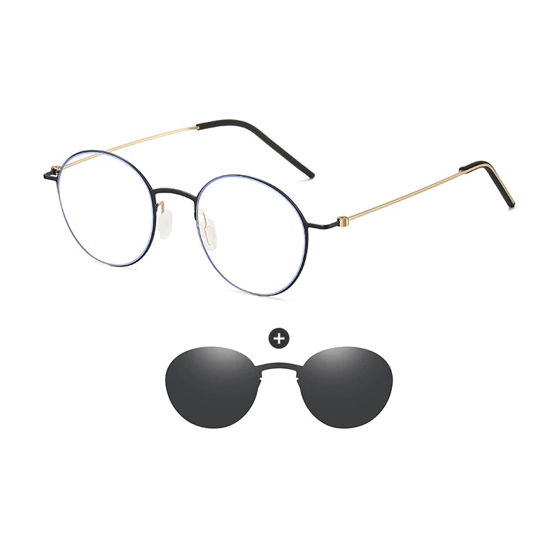 Retro Round Stainless Steel Glasses Frame with Polarized Clip-Ons