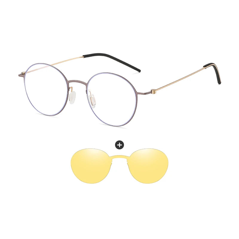 Retro Round Stainless Steel Glasses Frame with Polarized Clip-Ons