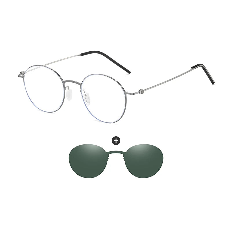 Retro Round Stainless Steel Glasses Frame with Polarized Clip-Ons