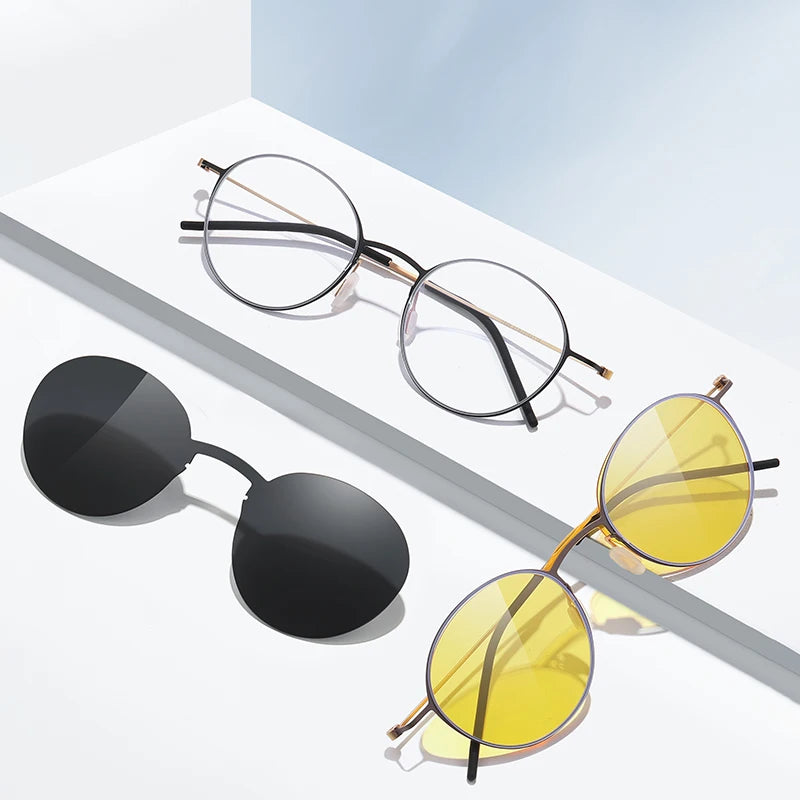 Retro Round Stainless Steel Glasses Frame with Polarized Clip-Ons