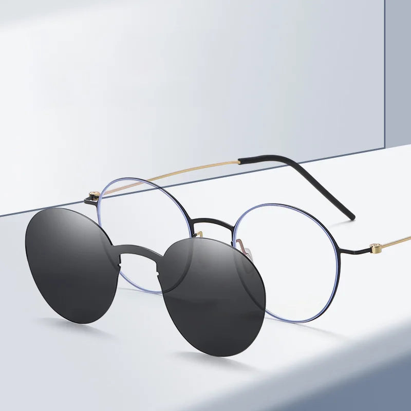 Retro Round Stainless Steel Glasses Frame with Polarized Clip-Ons